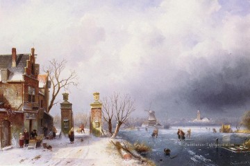 Belge 1818 à 1907A Hiver ensoleillé Lansca paysage Charles Leickert stream Peinture à l'huile